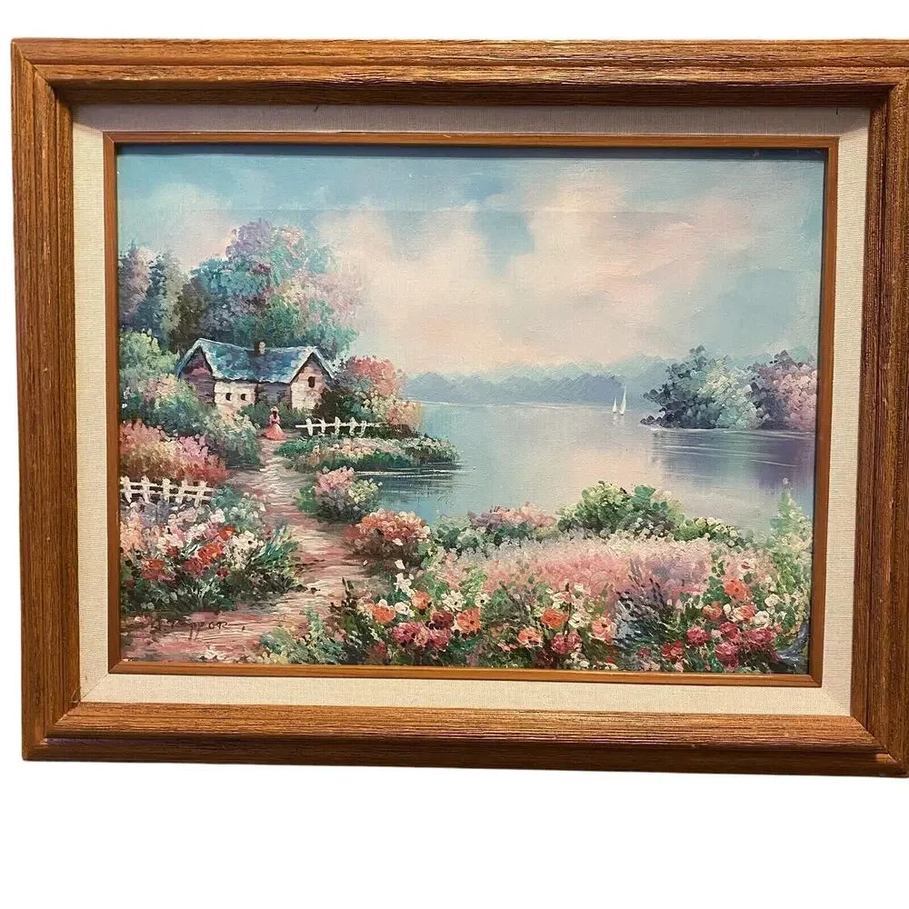 Original Oil Painting Girl By The River 16"x20” Signed Framed Matted Cottagecore